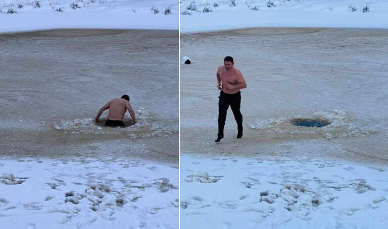 Bekë Berisha futet gjysmë i zhveshur në ujin që gjendet midis akullit në bjeshkët e Istogut