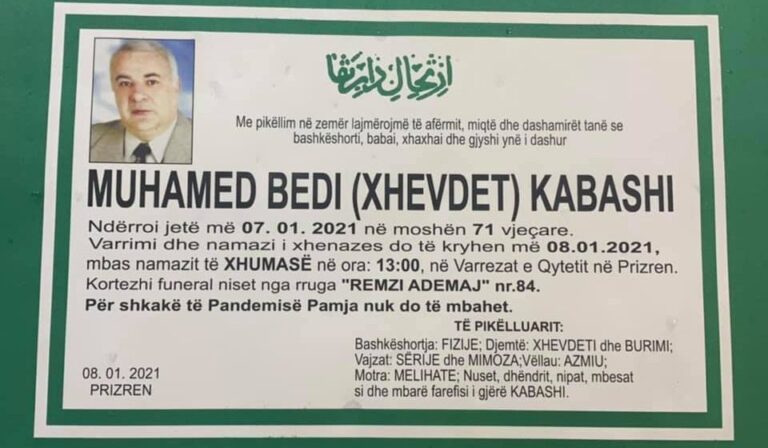 Ndërroi jetë veprimtari prizrenas, Muhamed- Bedi Kabashi
