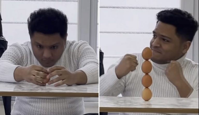 Një i ri nga Jemeni theu rekordin Guinness për vendosjen e katër vezëve mbi njëra-tjetrën