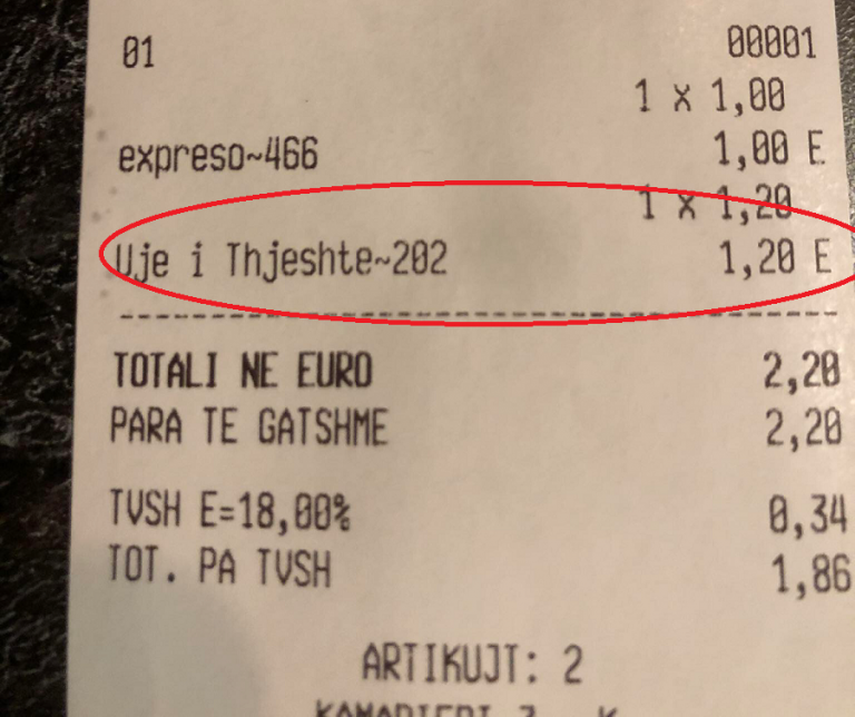 Gastronomia shtrenjton çmimet, një ujë i thjeshtë tani kushton 1.20 euro